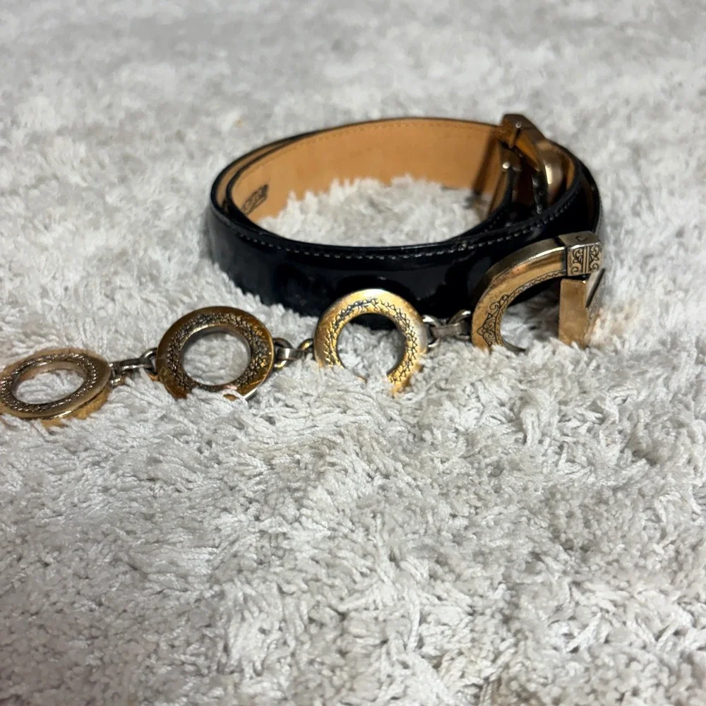 Brighton Vtg 1996 Black Leather Toggle Belt Western. Mixed Metal Ornate L 20603